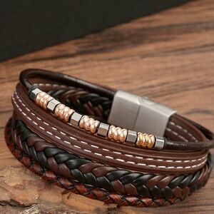 Brown and Black Braided Leather Bracelet